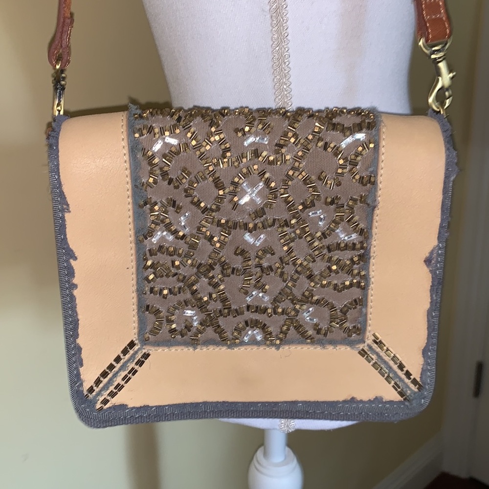 ANTHROPOLOGIE Miss Albright Beaded Leather Trim Shoulder Bag Medium